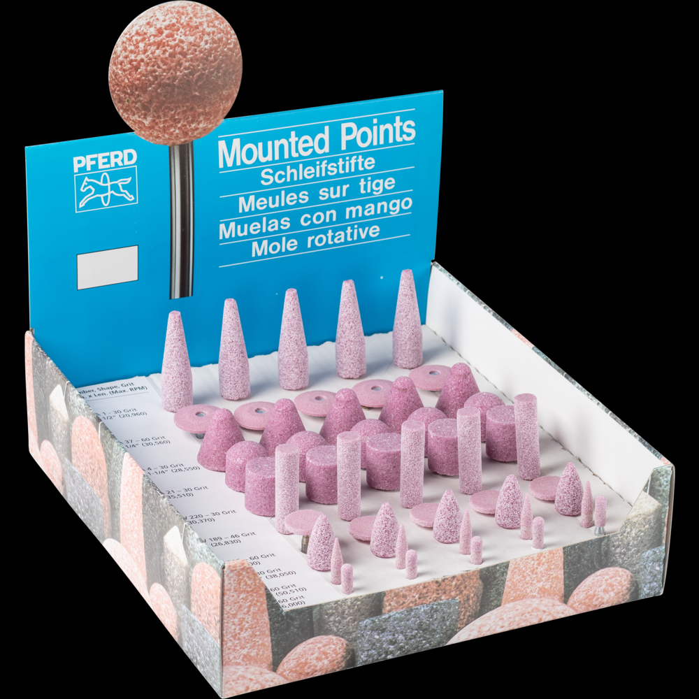 PFERD Vitrified Mounted Point Set, STEEL EDGE,50 Piece, Aluminum Oxide, 1/8&#34;&1/4 Shank