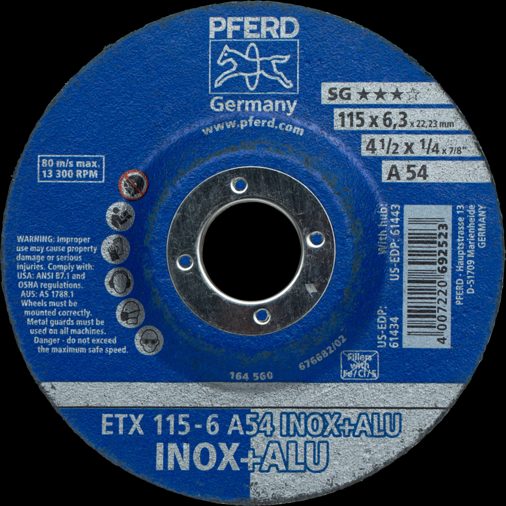 PFERD Textile Wheel for Angle Grinders, 4-1/2&#34; x 1/4 x 7/8, 54 Grit,T27,Aluminum oxide