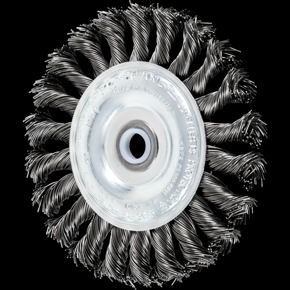 PFERD Full Cable Knot Wheel Brush 4&#34; Dia. .020 Carbon Steel 1/2-3/8&#34; Arbor