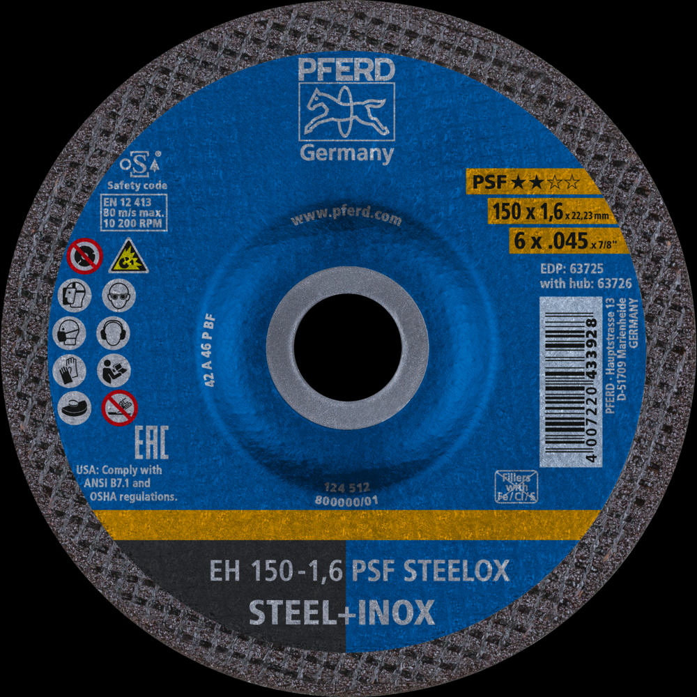 PFERD Cut-Off Wheel, 6&#34; x .045 x 7/8, PSF STEELOX, T27, Aluminum oxide