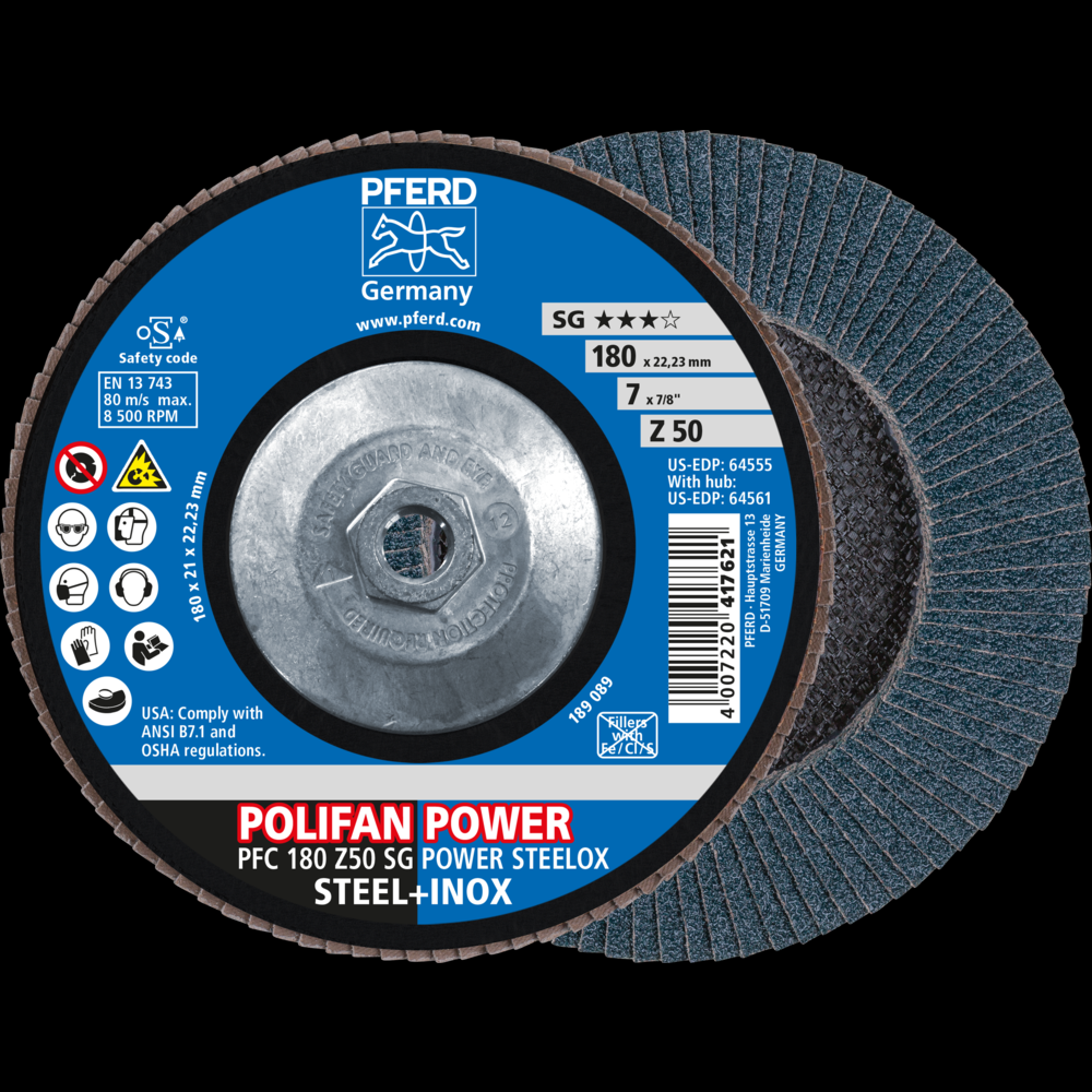 PFERD Flap Disc, 7&#34; x 5/8-11, Z SG POWER STEELOX, 50 Grit, T29, Conical, Zirconia