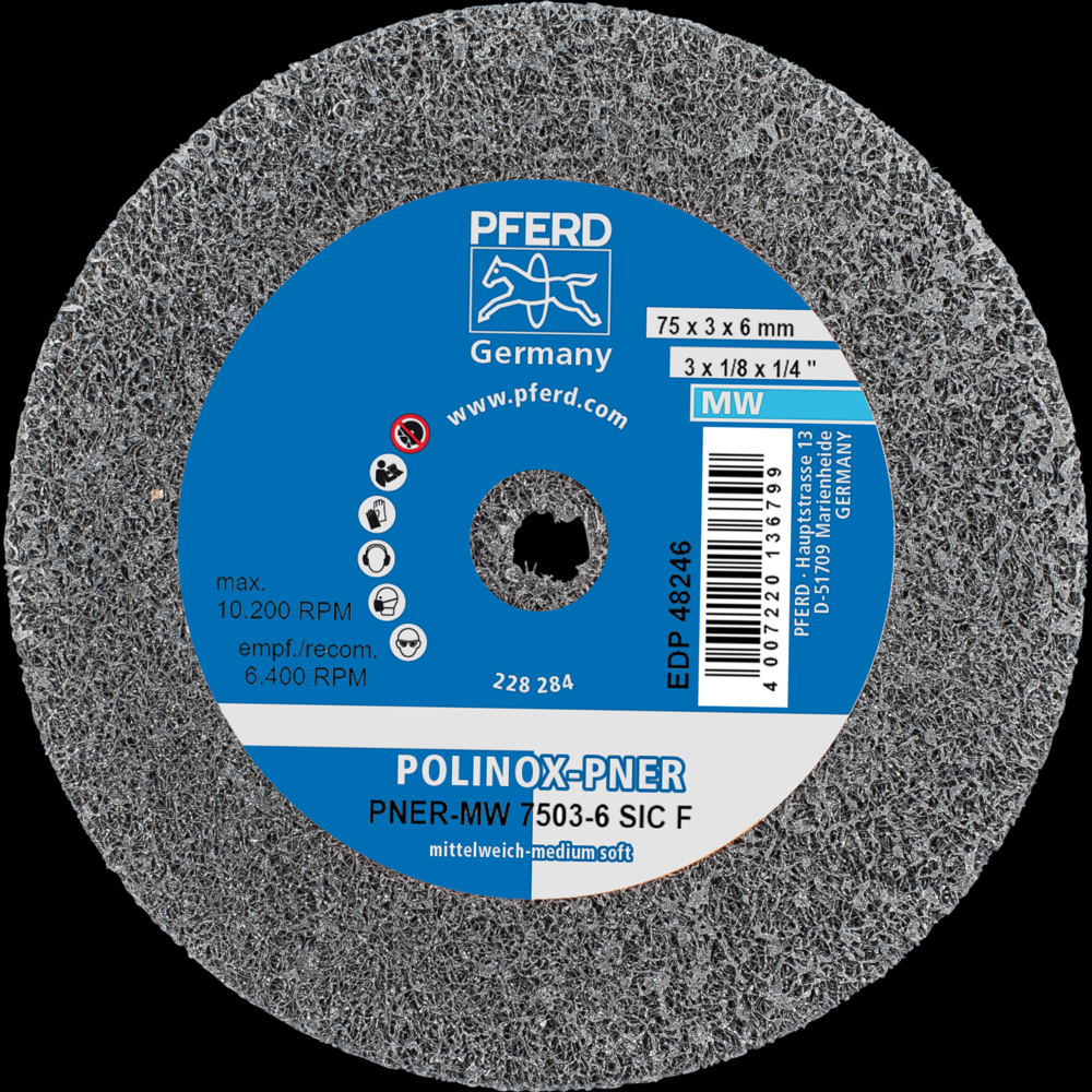 PFERD POLINOX® Unitized Wheel, 3&#34; x 1/8 x 1/4, Fine, Medium-Soft, 3SF, Silicon carbide