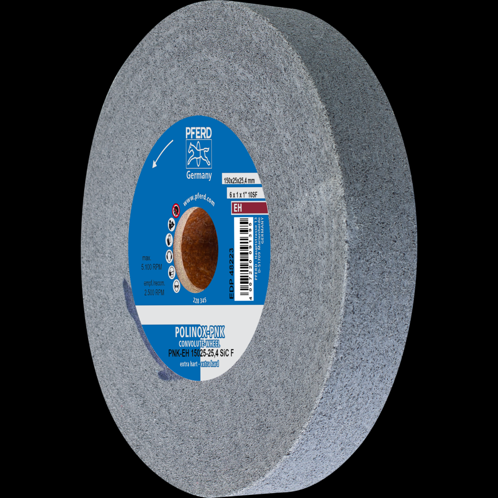 PFERD POLINOX® Convolute Wheel, 6&#34; x 1 x 1, Fine, Extra-Hard, 10SF, Silicon carbide
