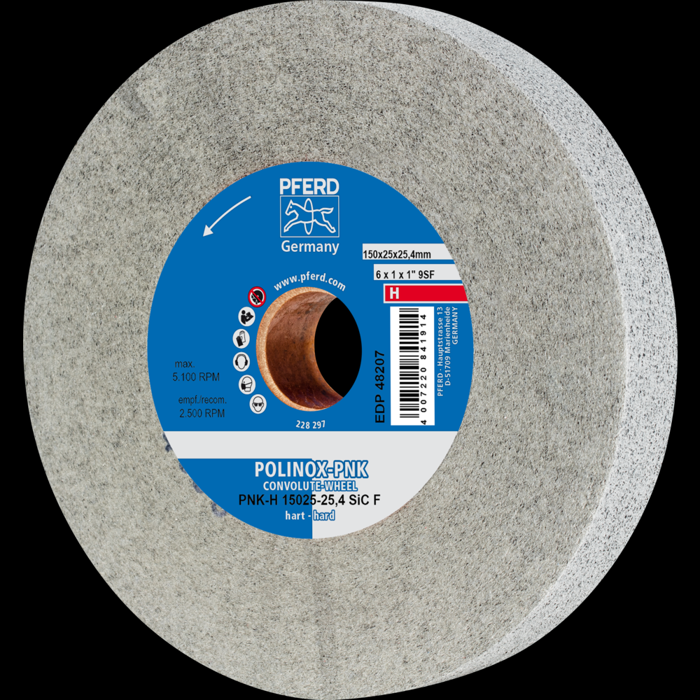 PFERD POLINOX® Convolute Wheel, 6&#34; x 1 x 1, Fine, Hard, 9SF, Silicon carbide