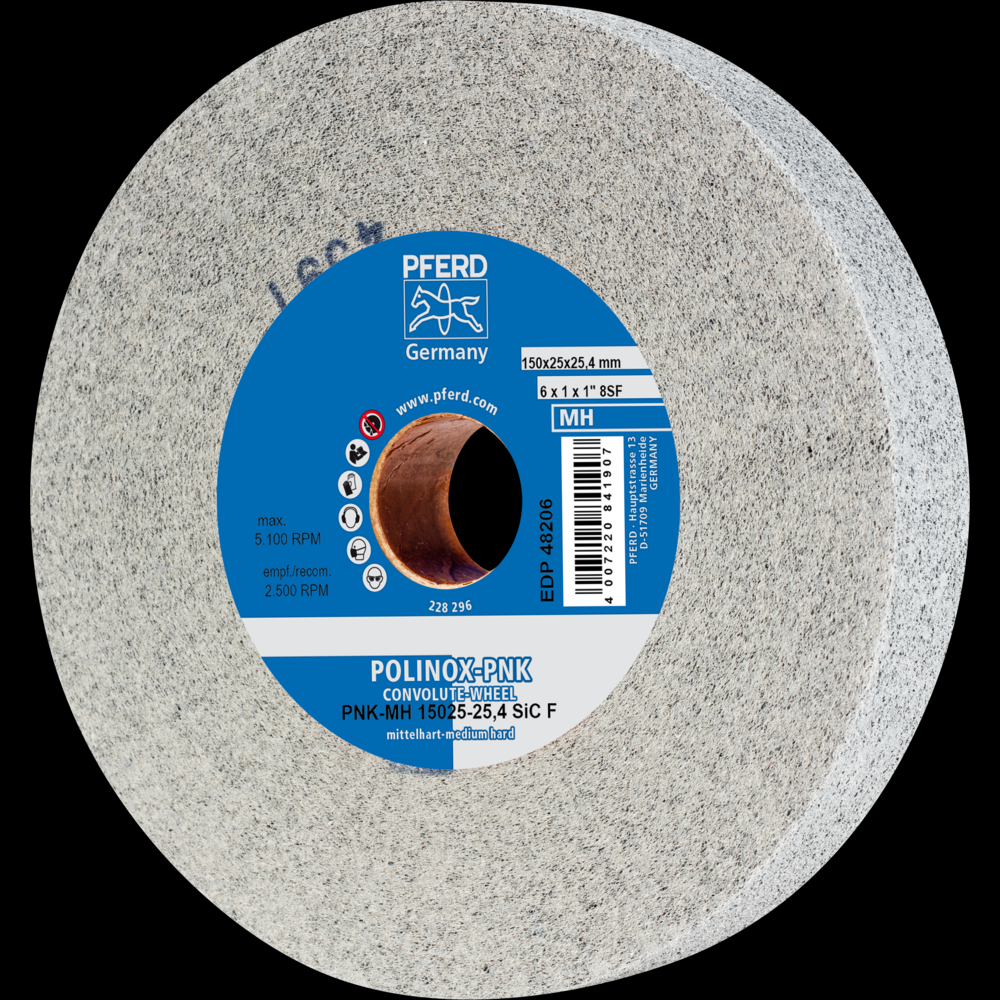 PFERD POLINOX® Convolute Wheel, 6&#34; x 1 x 1, Fine, Medium-Hard, 8SF, Silicon carbide