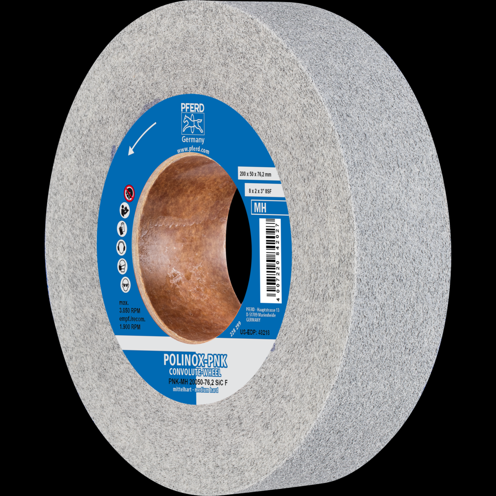 PFERD POLINOX® Convolute Wheel, 8&#34; x 2 x 3, Fine, Medium-Hard, 8SF, Silicon carbide